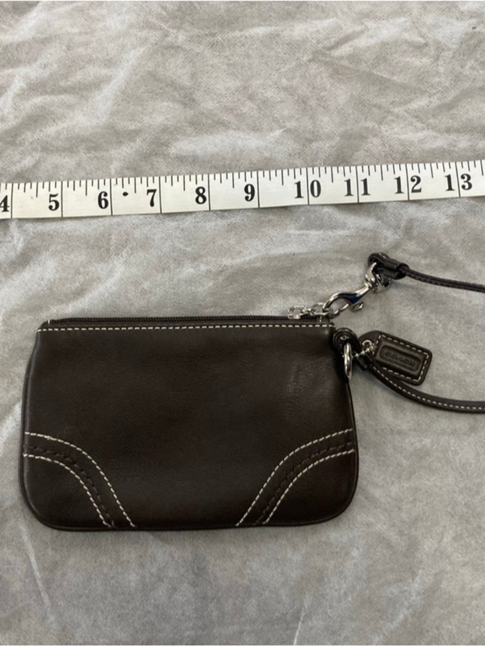 Coach Brown Leather Wristlet with White Stitching